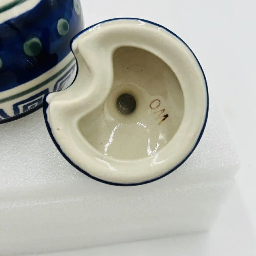 Boleslawiec Polish Pottery Hand Painted Greek Key Pattern Sugar/Jam Bowl w/Lid